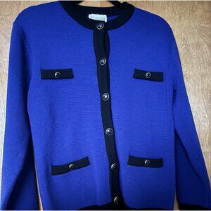 JH Collectibles Women's Cardigan Sweater PM Petite Blue & Blk 100% Merino Wool